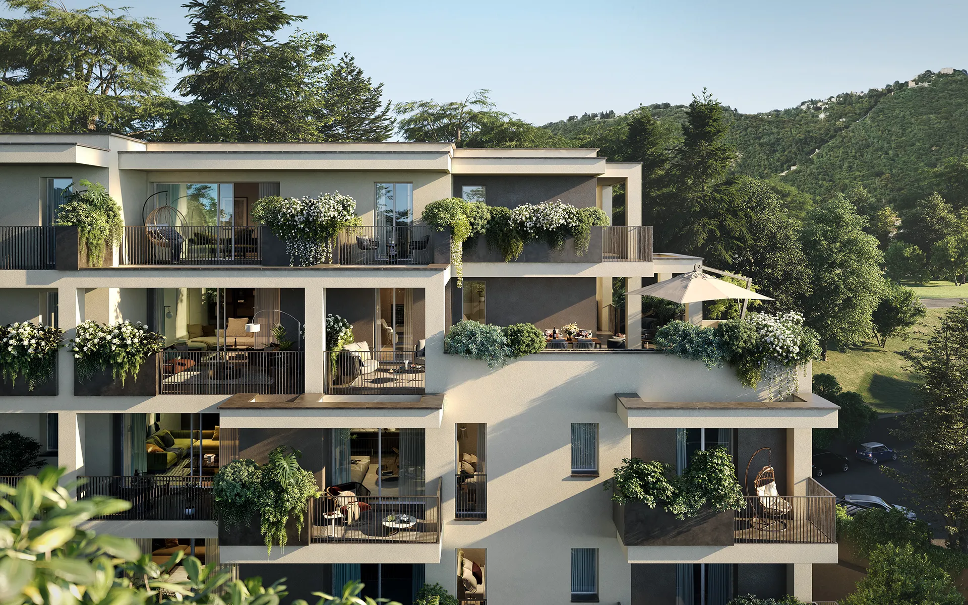 Domus14 Como - Esterno del complesso residenziale con terrazzi e verde