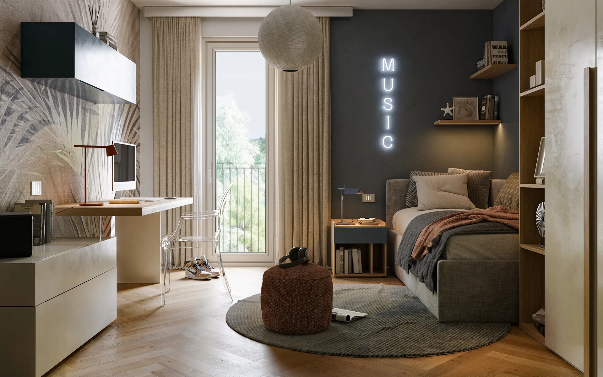 Camera moderna con angolo studio, letto singolo e decorazione luminosa 'MUSIC'.